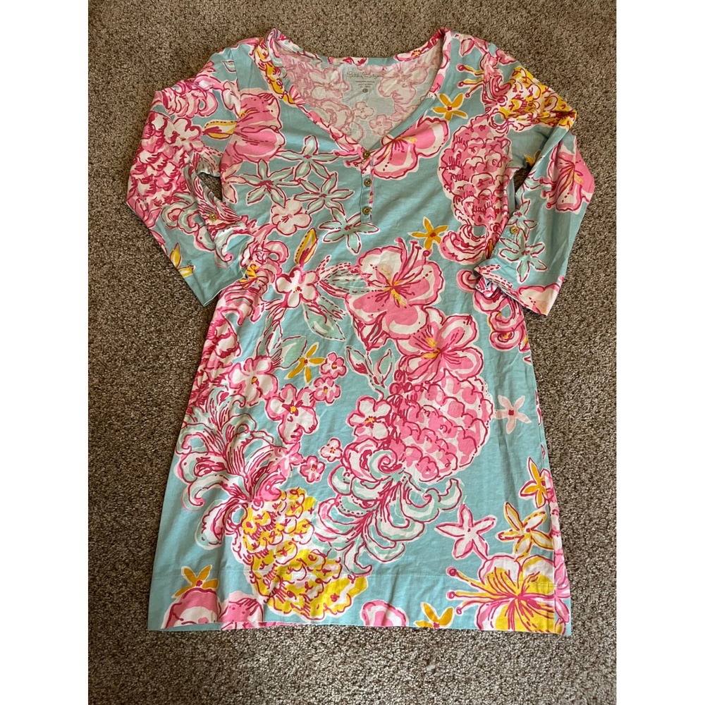 Lilly Pulitzer Women T-Shirt Dress Large Blue Pink Floral Pima Cotton Henley 3/4